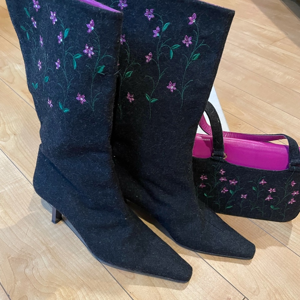 Bruno Magli Wool Embroidered Heel Boot and Purse